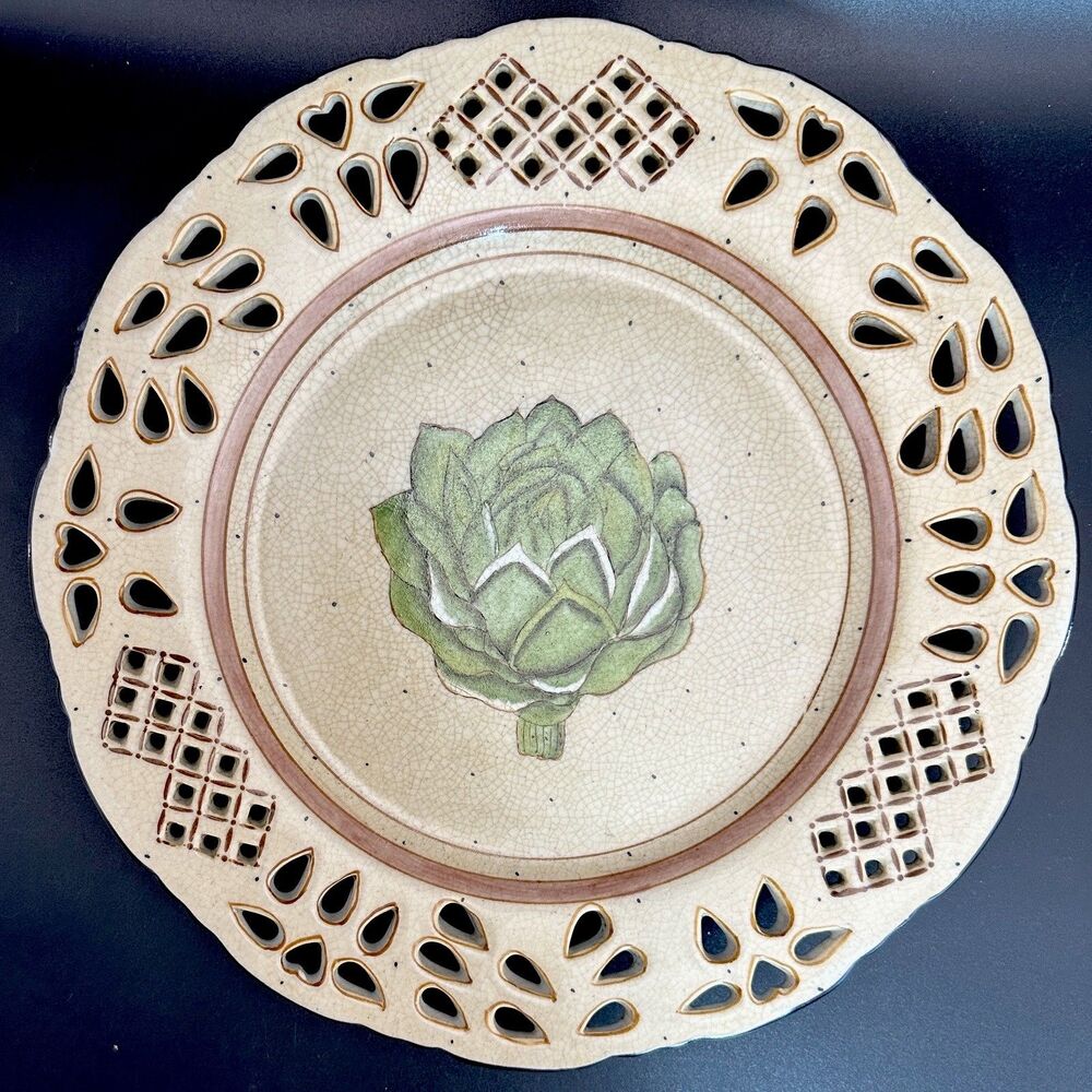 Crackle Glaze Pierced Artichoke Ceramic Decorative Plate 10" Round MPN 1895